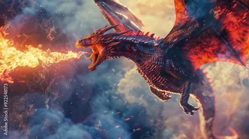 Red dragon flying in the cloudy sky breathes fire. AI generated.