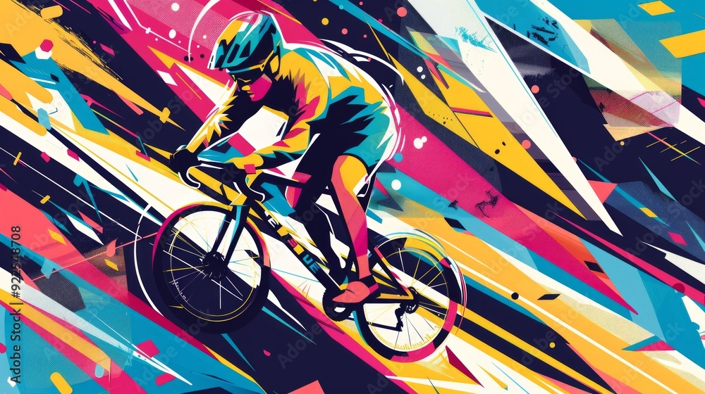 Fototapeta premium A dynamic vector vinyl design for a sports competition, featuring a Powerpuff Boy cycling with motion lines and vibrant colors, set against a backdrop of abstract patterns and sports-themed graphics.