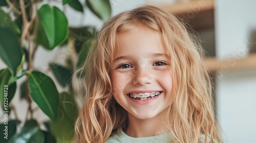 A happy young girl with dental braces smiles confidently, showcasing her orthodontic treatment progress. A vibrant and cheerful portrait.