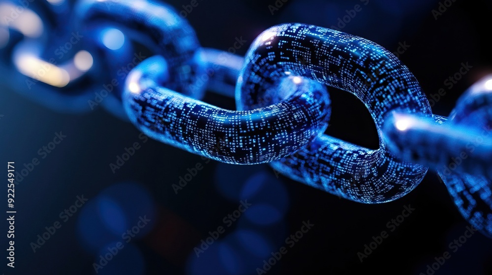 Close-up of a digital blockchain representation with a blue chain link in a dark background, highlighting technology and security concepts. Close-up of a digital blockchain representation with a blue chain link in a dark background, highlighting technology and security concepts.