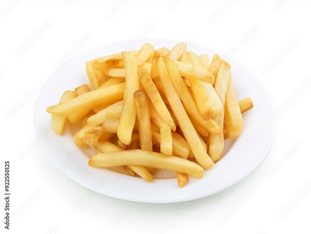 Crispy golden fries on a white plate, a delicious potato snack and perfect appetizer. Crispy golden fries on a white plate, a delicious potato snack and perfect appetizer.