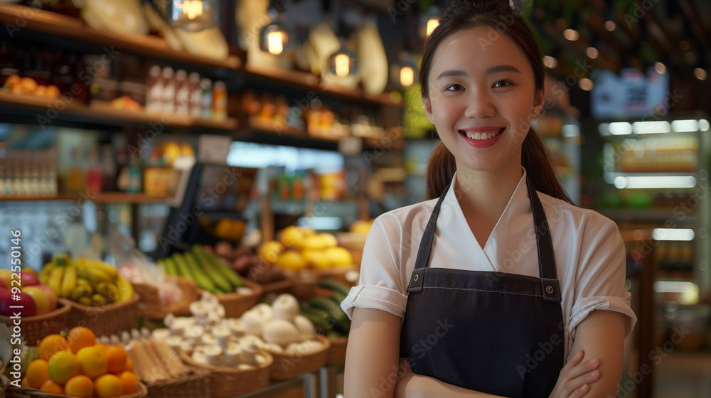 Smiling female asian seller in health food store Smiling female asian seller in health food store