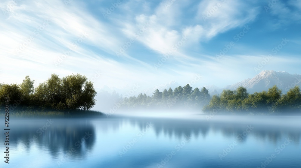 Obraz premium Serene Mountain Lake Reflections, Digital Art, Landscape, Nature, Mist