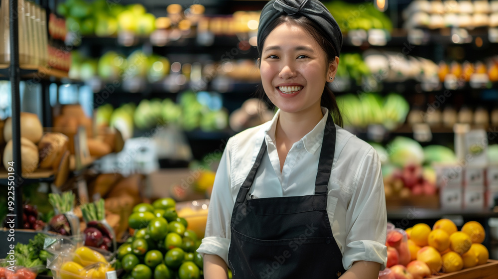 Smiling female asian seller in health food store Smiling female asian seller in health food store