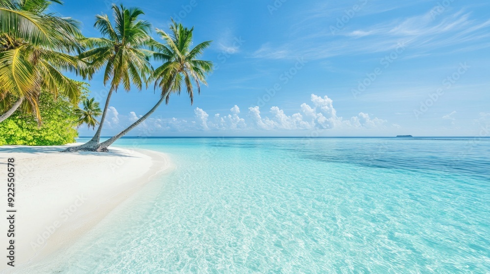 Naklejka premium A breathtaking image of a tropical island with turquoise water and a clear blue sky. The calm sea and distant island create a serene and tranquil atmosphere Concept: tropical paradise, clear water, se