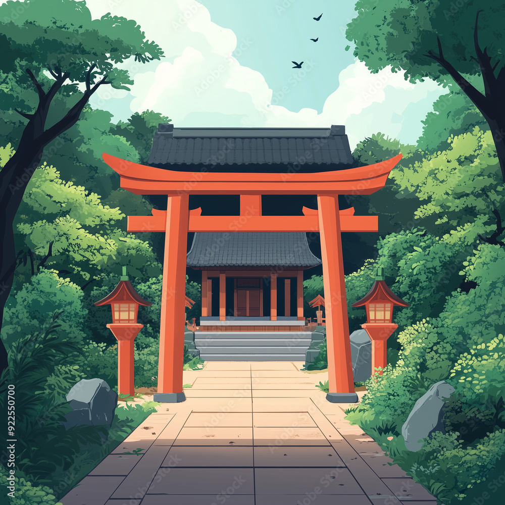 Japanese Shrine Scene Cartoon Illustration - Vector Art Perfect for Religious and Cultural Graphics Ads Japanese Shrine Scene Cartoon Illustration - Vector Art Perfect for Religious and Cultural Graphics Ads