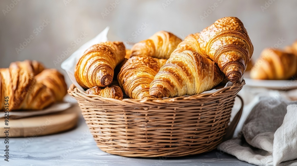 A basket of croissants, warm and ready to eat, is displayed on a table, perfect for a cozy breakfast. A basket of croissants, warm and ready to eat, is displayed on a table, perfect for a cozy breakfast.