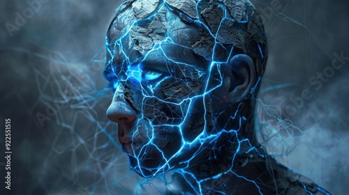 A humanoid figure is illuminated with striking blue cracks, surrounded by a digital, abstract background at twilight, conveying a sense of technology and mystery