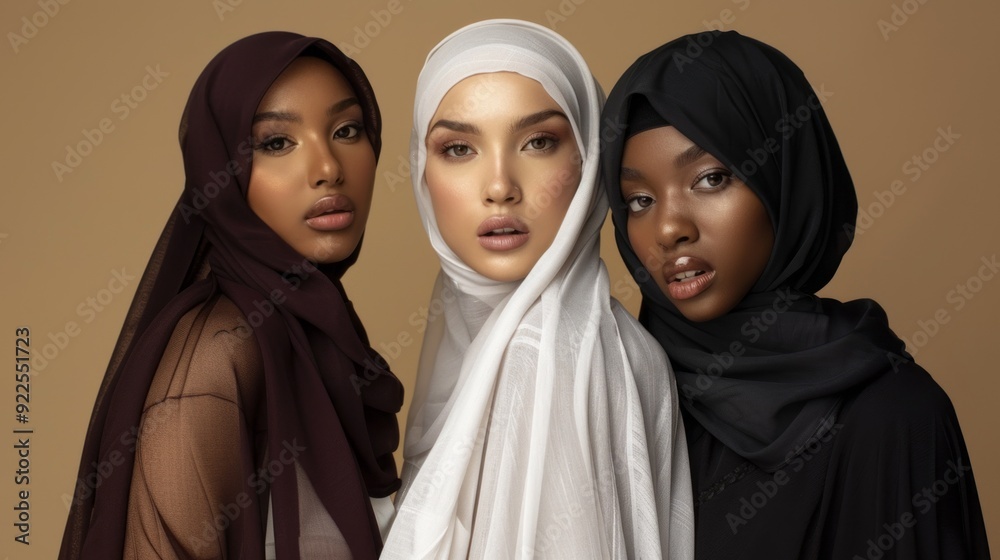 Three women adorned in stylish hijabs display unity and elegance with captivating expressions against a soft, warm background Three women adorned in stylish hijabs display unity and elegance with captivating expressions against a soft, warm background