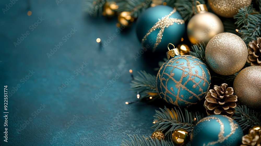 Teal and Gold festive background. Premium Christmas decorations.
