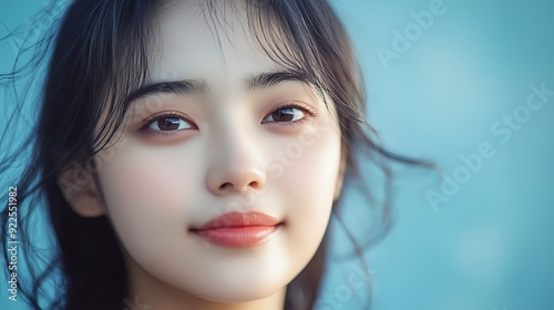 A close-up portrait of a young woman with a serene expression against a soft blue background, conveying beauty and tranquility. 