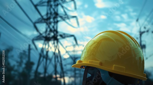 A yellow hard hat sits in front of a power line structure. The hard hat is reflective, and the power line structure is blurred in the background. photo