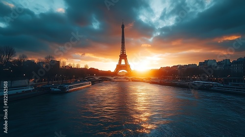 A stunning sunset view of the Eiffel Tower over the Seine River, capturing the essence of Parisian beauty and romance. 