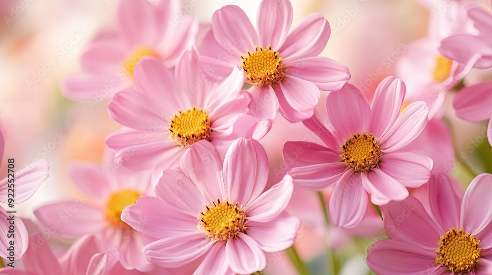 A bouquet of pink flowers, each with a yellow center, creates a harmonious and uplifting floral arrangement.
