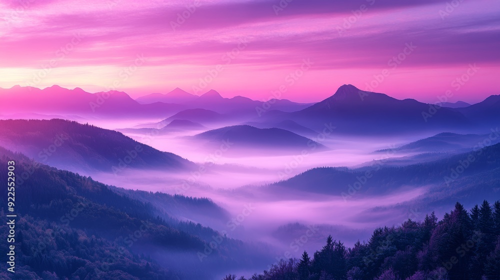 Fototapeta premium Mountain foggy landscape. mountains shrouded in purple fog