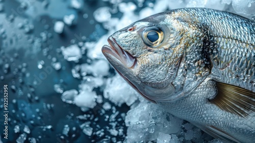 Fresh Sea Bream on Ice. Market Seafood Display for Diet Cooking Background