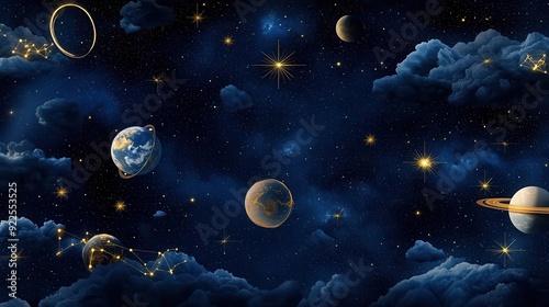 Cosmic sky with planets, stars, and clouds. photo