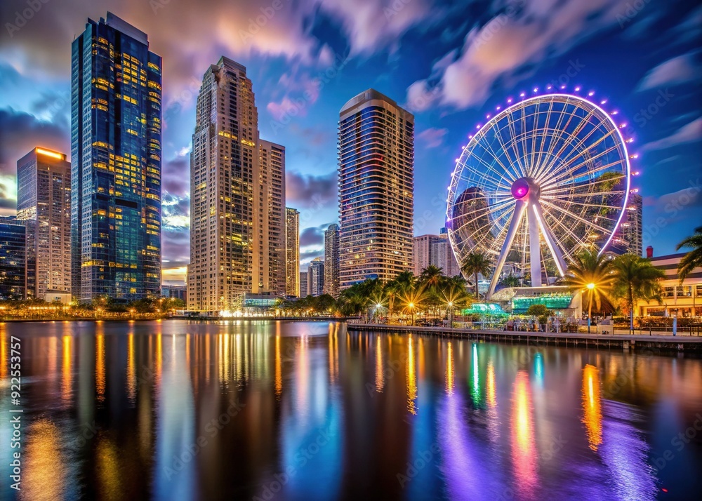 Naklejka premium Vibrant night scene of Miami's urban landscape, featuring the Skyviews observation wheel at Bayside Marketplace, reflected in Biscayne Bay, amidst towering high-rise skyscrapers in Brickell.