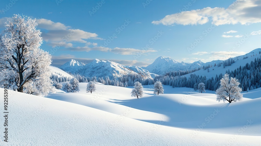 Snowy mountain landscape with snow-covered trees and a clear blue sky. Snowy mountain landscape with snow-covered trees and a clear blue sky.