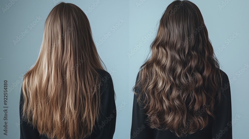Side-by-side comparison of a dramatic hair transformation, showcasing the change from frizzy, damaged hair to smooth, silky, and healthy locks. Side-by-side comparison of a dramatic hair transformation, showcasing the change from frizzy, damaged hair to smooth, silky, and healthy locks.