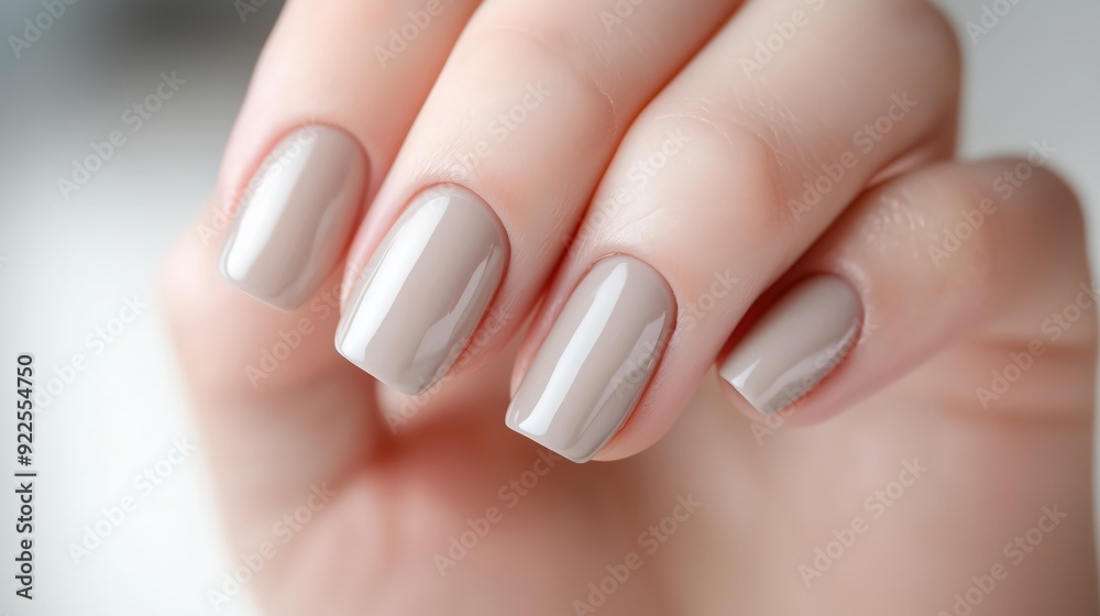 Close-up of a hand with glossy beige nail polish, elegant manicure for proposal, wedding, job interview inspiration. Neutral background
