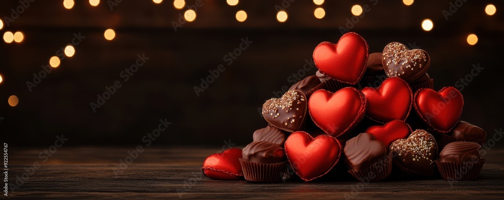 Obraz premium Delicious assorted chocolates and red hearts on a wooden table, perfect for romantic occasions and celebrations.