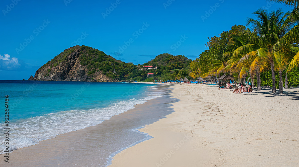 A pristine beach with clear turquoise waters and white sand bordered by palm trees. The scene is a perfect tropical paradise, offering a relaxing and serene atmosphere, ideal for travel and vacation. A pristine beach with clear turquoise waters and white sand bordered by palm trees. The scene is a perfect tropical paradise, offering a relaxing and serene atmosphere, ideal for travel and vacation.
