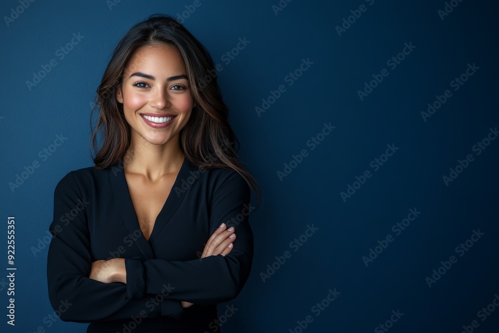 A woman radiates confidence with her arms crossed and a bright smile, set against a striking deep blue background A woman radiates confidence with her arms crossed and a bright smile, set against a striking deep blue background