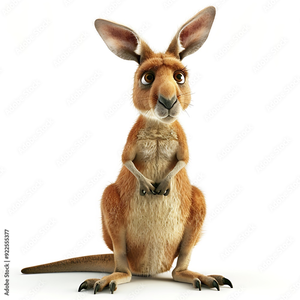 Fototapeta premium Curious Cartoon Kangaroo Sitting on White Background.