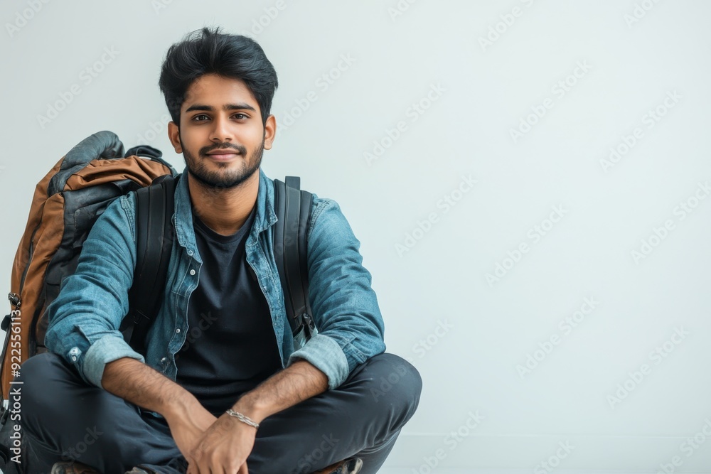 A young Indian man casually dressed sits crosslegged on the floor, smiling with a travel backpack nearby in a well-lit indoor setting A young Indian man casually dressed sits crosslegged on the floor, smiling with a travel backpack nearby in a well-lit indoor setting
