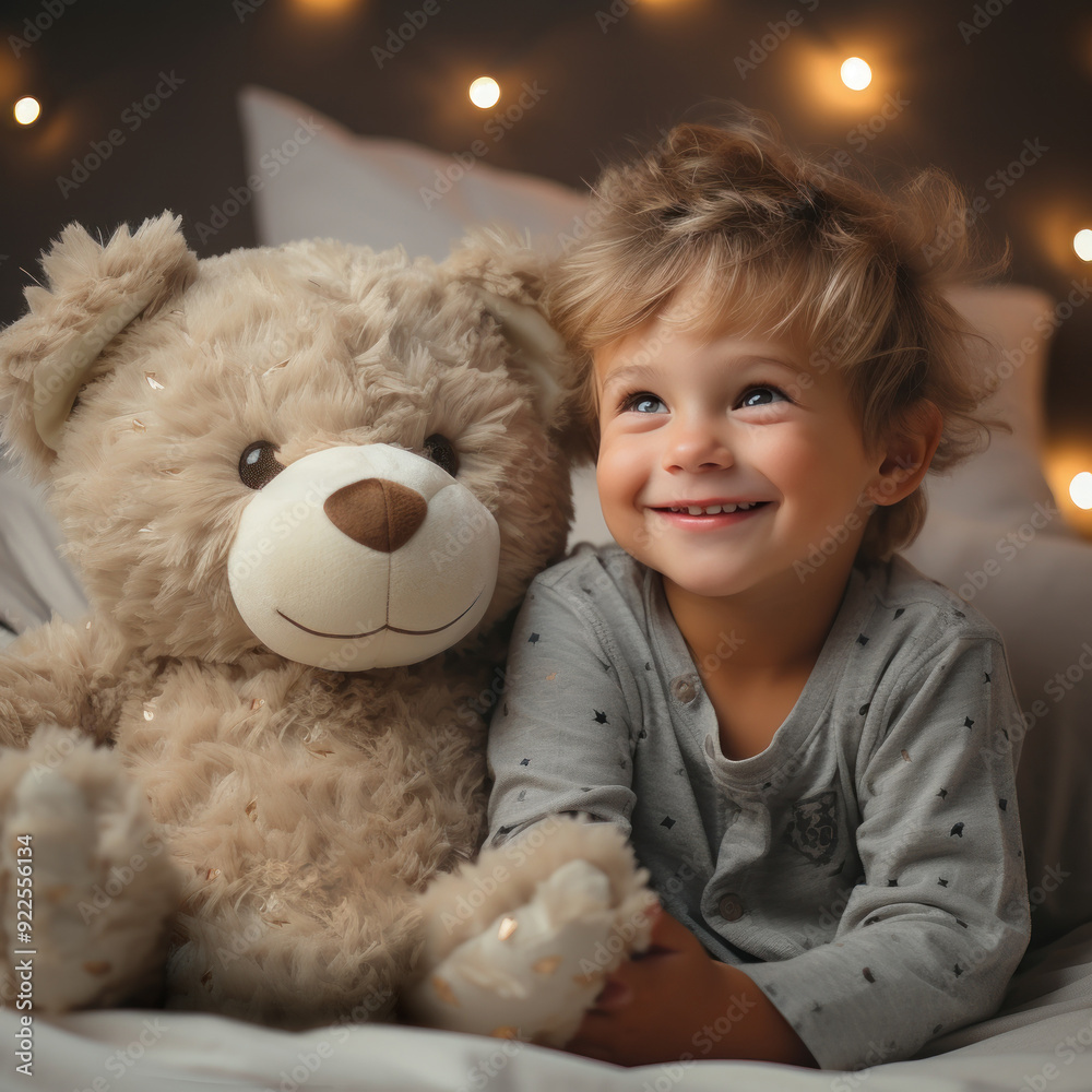 Cute little boy smiling and holding an adorable soft stuffed toy doll in his hands Cute little boy smiling and holding an adorable soft stuffed toy doll in his hands