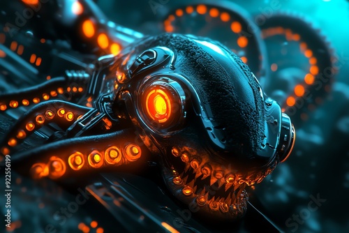 Futuristic mechanical sea creature with glowing orange lights and tentacles in an underwater environment, showcasing advanced robotics. photo