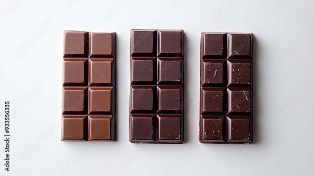 A close-up of three chocolate bars set against a white background, each bar showcasing its smooth and delicious surface. A close-up of three chocolate bars set against a white background, each bar showcasing its smooth and delicious surface.