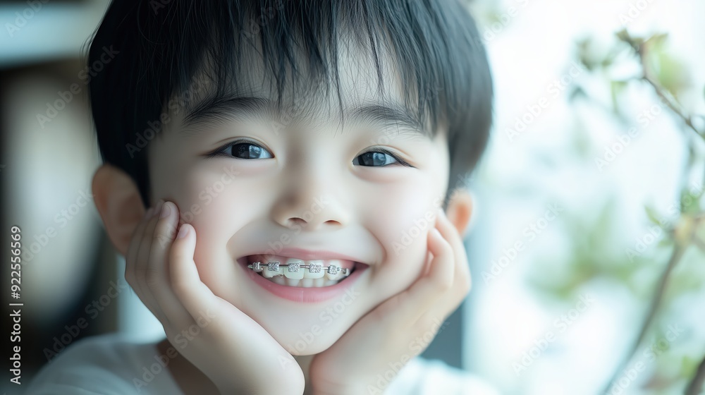 A cheerful young Asian boy wearing dental braces, smiling brightly against a blurred natural background. Capturing joy and early orthodontic care. Copyspace A cheerful young Asian boy wearing dental braces, smiling brightly against a blurred natural background. Capturing joy and early orthodontic care. Copyspace
