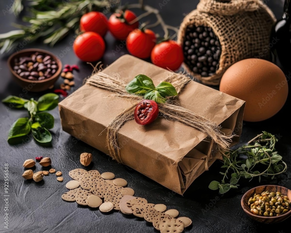 A beautifully packaged gift surrounded by fresh ingredients, showcasing culinary creativity and natural flavors in a rustic setting. A beautifully packaged gift surrounded by fresh ingredients, showcasing culinary creativity and natural flavors in a rustic setting.