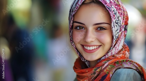 A beautiful Bosnian woman. Bosnia-and-Herzogovina. A beautiful Bosnian woman. A young woman wearing a colorful headscarf smiles warmly in a vibrant, bustling setting, capturing a moment of joy . #wotw