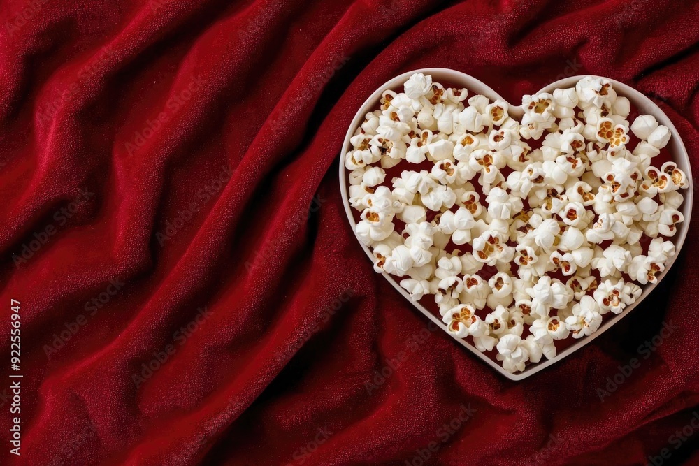 Fototapeta premium Delicious popcorn in a heart-shaped bowl on a rich red fabric, perfect for movie nights or romantic occasions.