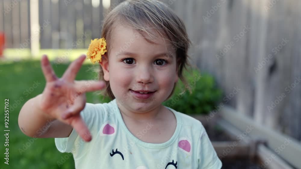 Young toddler girl in backyard garden looking towards camera with flower in hair Young toddler girl in backyard garden looking towards camera with flower in hair