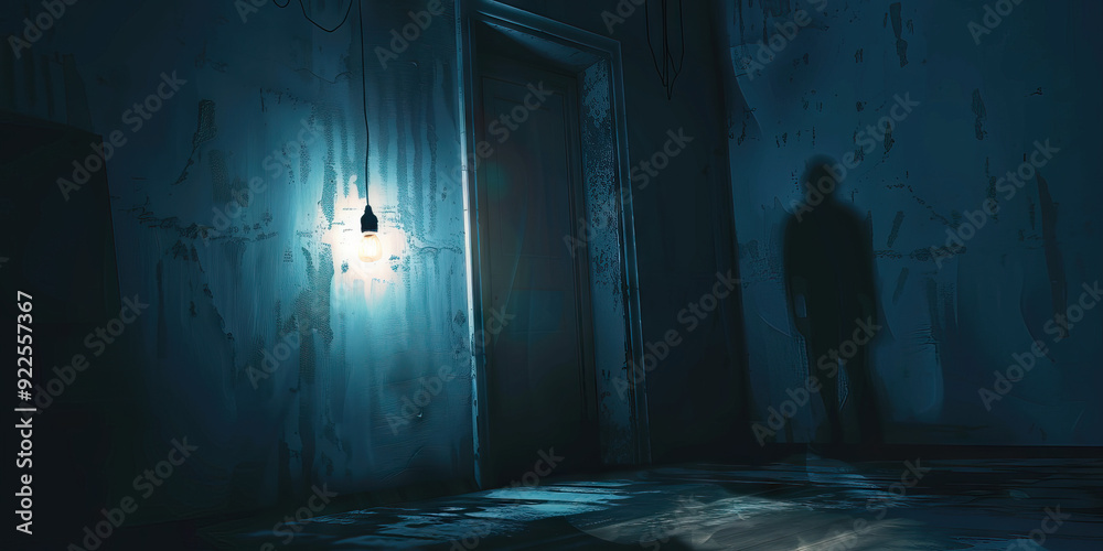 Obraz premium A shadowy figure lurking in the corner of an empty room, illuminated only by a flickering light bulb