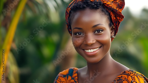 A beautiful Congolese woman. Republic-of-the-Congo. A beautiful Congolese woman. Portrait of a smiling woman wearing a colorful head wrap and vibrant dress, set against a lush green background. #wotw