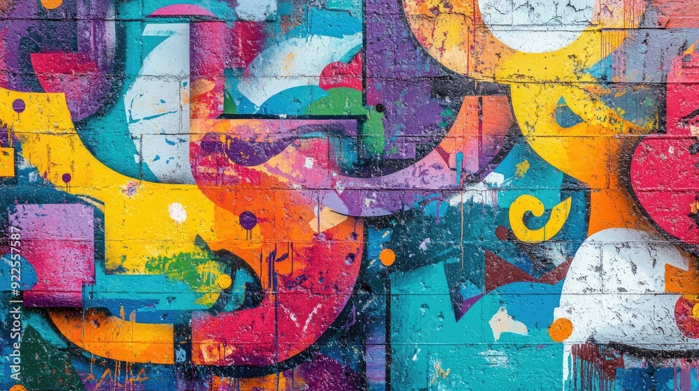 Obraz premium A colorful wall covered in graffiti, representing the bold and lively spirit of urban culture.