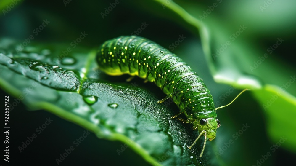 Naklejka premium Green Caterpillar on a Leaf