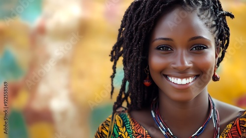 A beautiful Ghanaian woman. Ghana. A beautiful Ghanaian woman. A joyful woman with beautiful dreadlocks smiles warmly against a vibrant, colorful background. #wotw