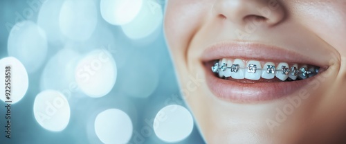 Close-up of a woman smiling teeth with dental braces. Wallpaper for dental orthodontics clinics. Panoramic banner background with copyspace