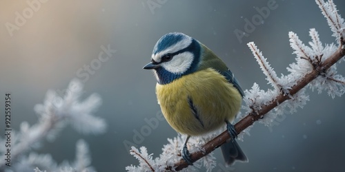 Blue tit perched on a frosty branch in gentle light.
