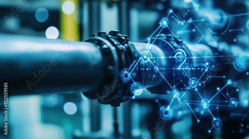 A futuristic digital representation of a water pipeline incorporating advanced technologies like AI, ML, and IoT for smart leak detection and sustainable management.