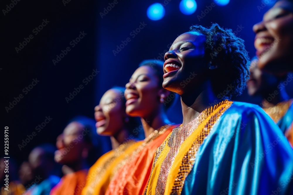Fototapeta premium A gospel choir in vibrant robes sings with enthusiasm, filling the space with joy and energy as they perform on stage under bright lights