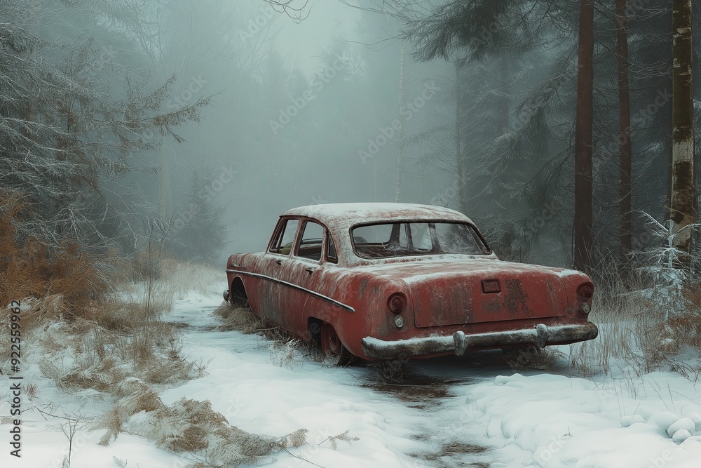 Abandoned Car in Snowy Forest Abandoned Car in Snowy Forest