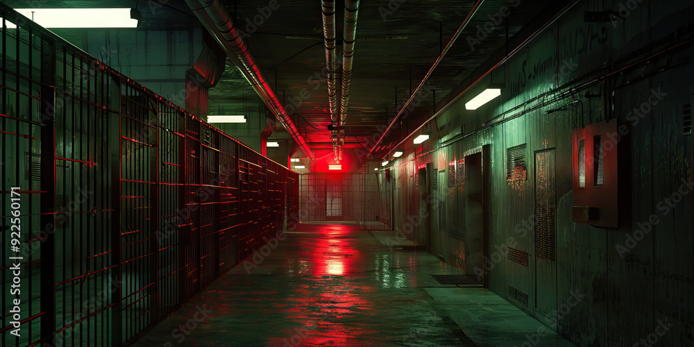 A desolate bunker housing rows of empty cells, with flickering red emergency lights above A desolate bunker housing rows of empty cells, with flickering red emergency lights above