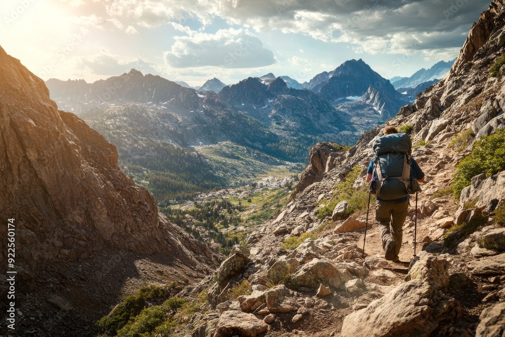 A hiker navigates a rugged mountain path, carrying a robust backpack while the sun casts a warm glow over the breathtaking landscape A hiker navigates a rugged mountain path, carrying a robust backpack while the sun casts a warm glow over the breathtaking landscape